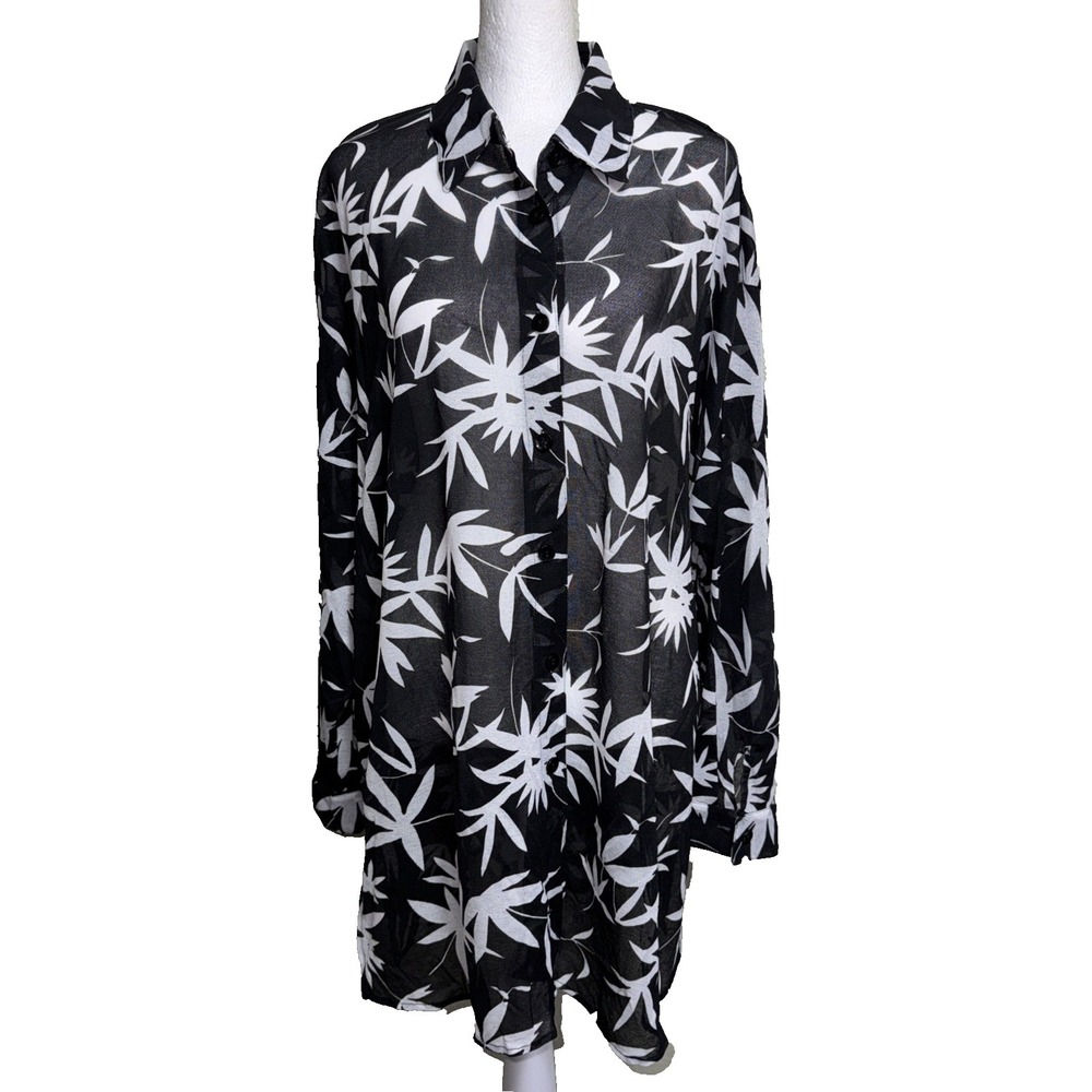 New York & Company XL Sheer Black White Palm Leaf Tropical Blouse Goth Button Up